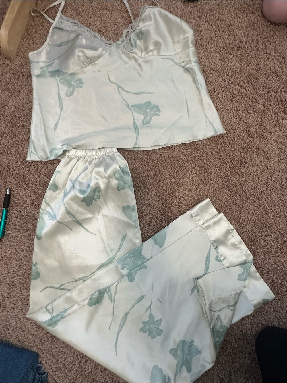 SHEIN Mint Floral Satin Cami & Pajama Set